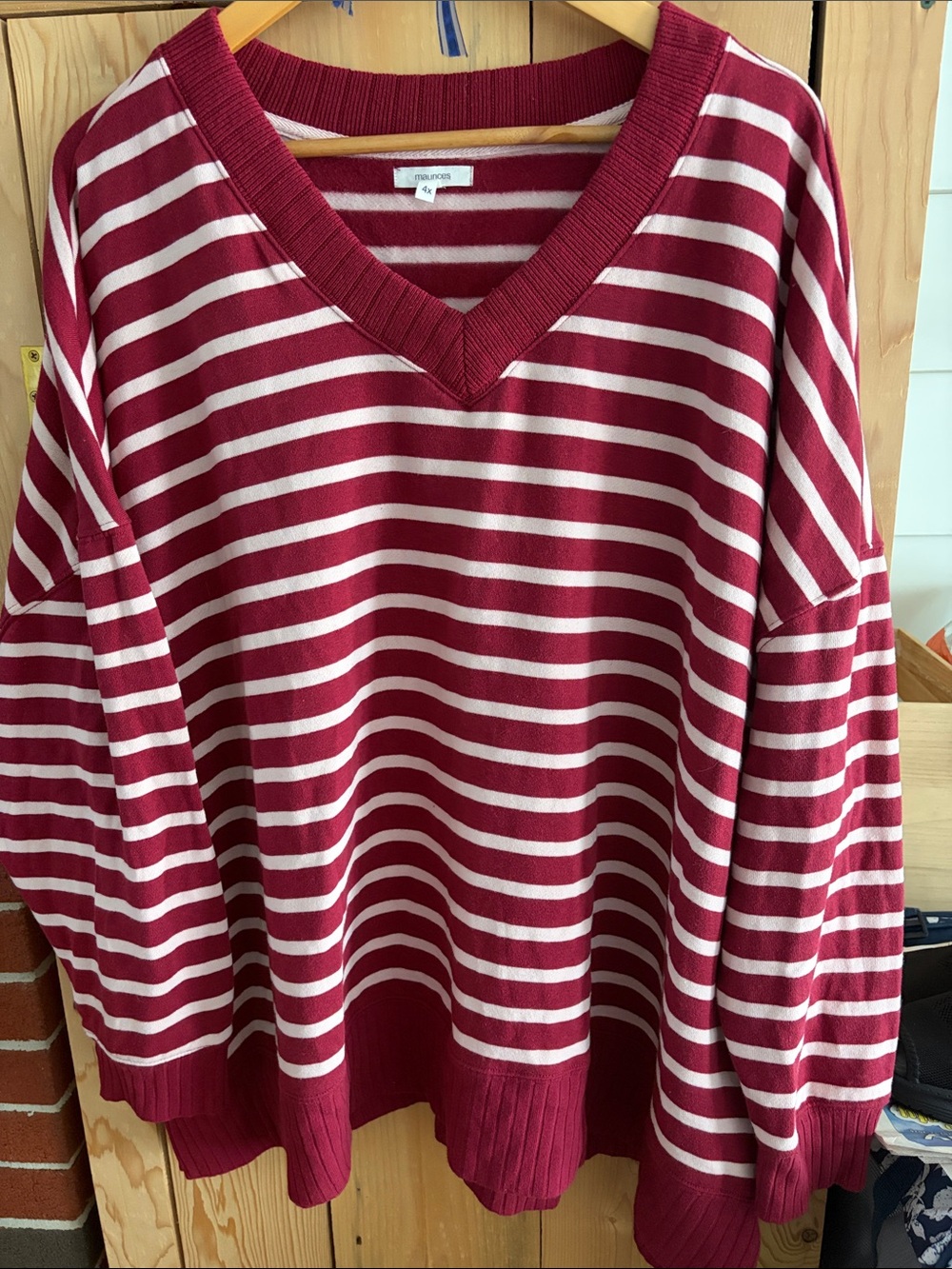 Maurices Burgundy and White Striped V-Neck Sweater